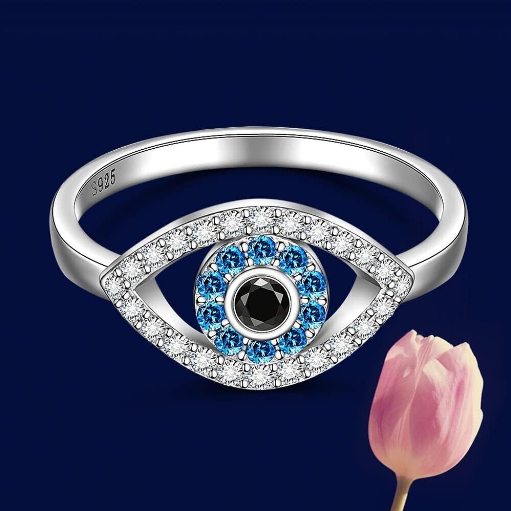 Sterling Silver Evil Eye Ring Women Protective Blue Sapphire Jewelry Size 8 - Picture 6 of 8